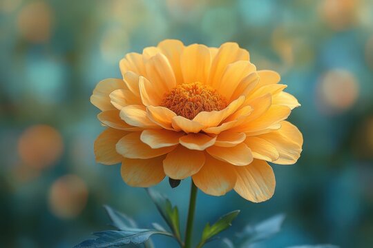 Close-up of a vibrant orange dahlia its petals perfectly arranged set against a soft teal backdrop Botanical beauty in full bloom