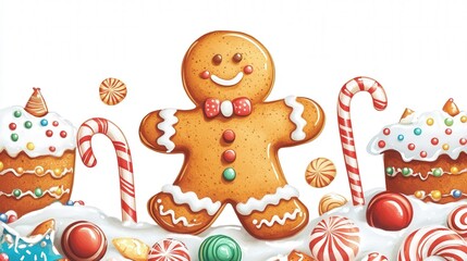 Obraz premium charming gingerbread Christmas dessert cartoon, decorated with candy canes and colorful icing, spreading cheer