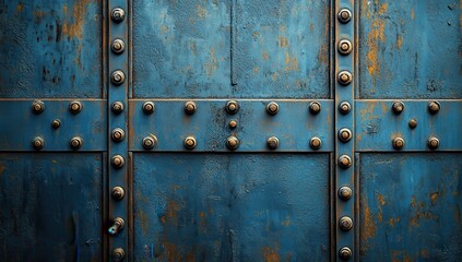 Textured Blue Metal Door with Rusty Patina and Decorative Hardware Featuring Rivets and Bolts in Industrial Style for Architectural Photography