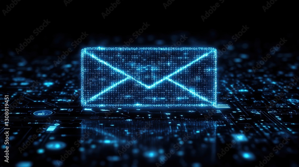 Poster glowing digital email on circuit board; data streams in background; cybersecurity concept