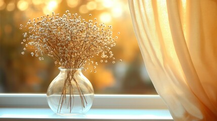 Flowers in vase by window, golden light, soft drapes, nature background