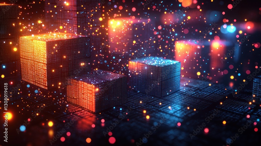 Aufkleber floating blocks emit colorful particles over patterned surface in dark ambiance