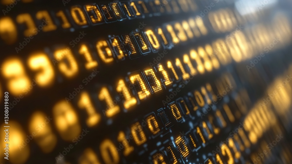 Poster glowing binary code streams on screen, digital technology background, cybersecurity concept