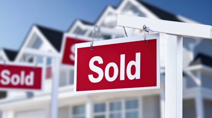 House sold sign real estate market photography suburban neighborhood close-up perspective home ownership concept