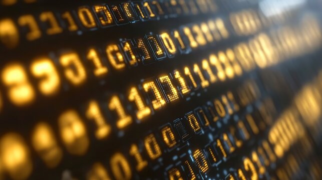 Glowing binary code streams on screen, digital technology background, cybersecurity concept