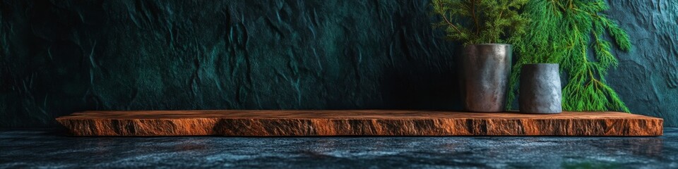 Fototapeta premium Rustic wooden shelf with plants against a dark teal background. Perfect for product display.