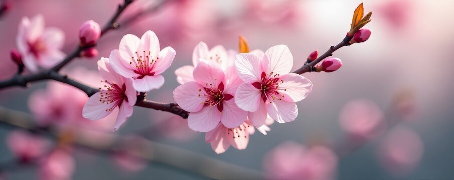 Cherry blossom tree branches with delicate pink flowers and buds, pastel, blooming, garden