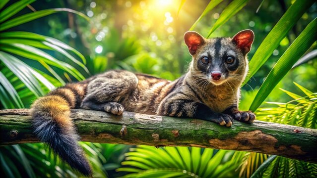 Asian Palm Civet (Paradoxurus hermaphroditus) Resting on a Tree Branch - Panoramic Wildlife Photography