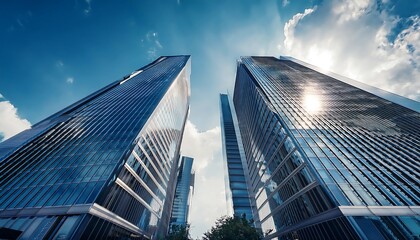 Obraz premium Modern Glass Skyscraper Reflecting the Sky, Symbolizing Corporate Ambition
