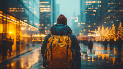 Urban Adventurer Backpacker in City Nightscape