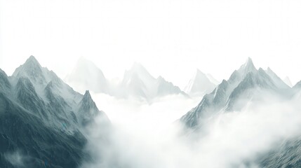 serene mountain range, featuring mist drifting among the majestic peaks for a calm and peaceful effect