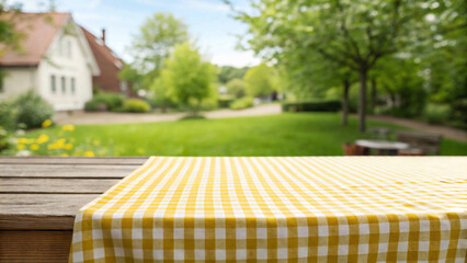 Wooden table with a yellow and white checkered tablecloth, set against a blurred background of a green outdoor garden and residential area. Perfect for picnic,warm, sunny, rural, inviting, soft focus,