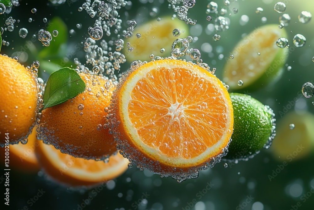 Poster fresh citrus fruits in water: a vibrant display of oranges lemons and limes submerged in sparkling w