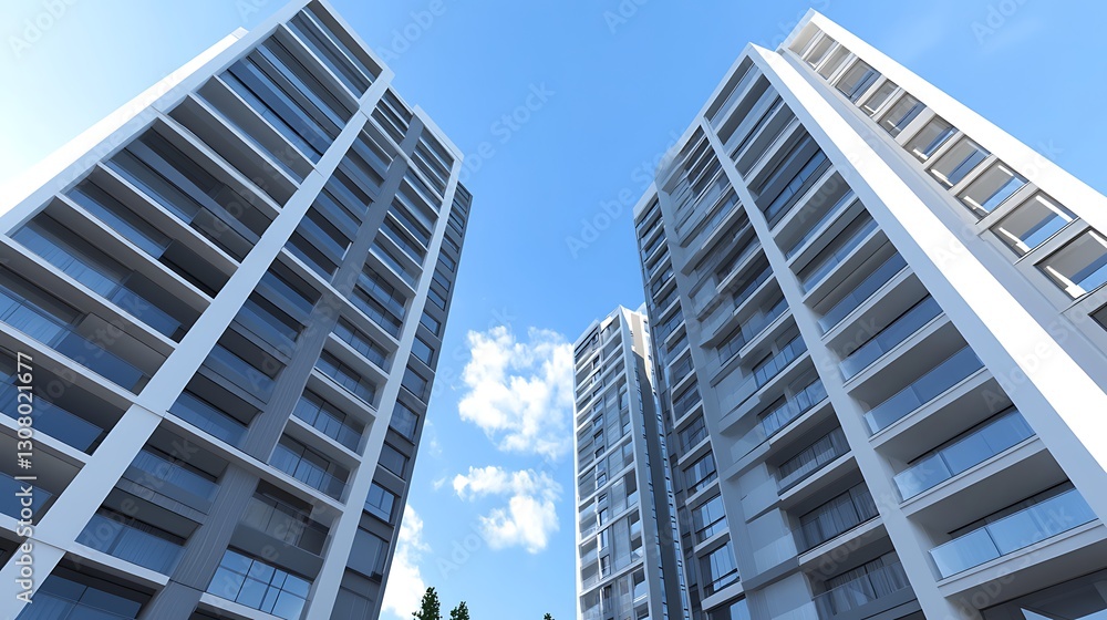 Poster modern apartment complex featuring an isolated design and blue skyline backdrop in an urban setting.
