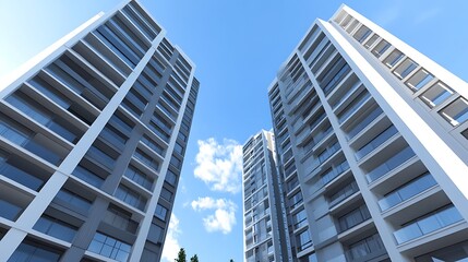 Fototapeta premium Modern apartment complex featuring an isolated design and blue skyline backdrop in an urban setting.