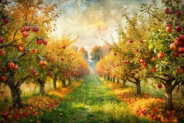 Fototapeta premium Autumn Apple Orchard Double Exposure Oil Painting - Textured Stock Photo