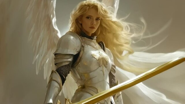 Woman warrior in glowing white armor with golden sword. Fantasy female angel knight. Religious concept. Heroic female character 