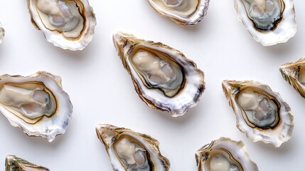 h oysters arranged neatly, highlighting the quality and freshness of the seafood invertebrates on a clean, white surface