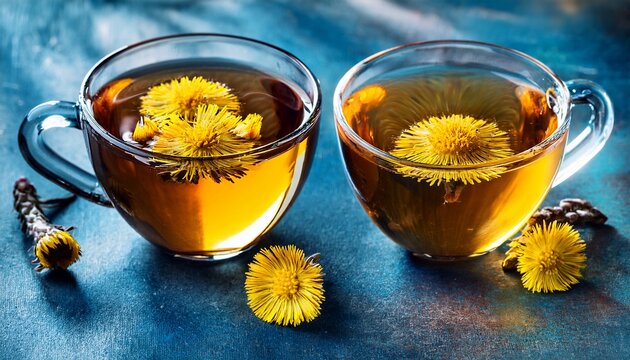 two cups of herbal tea with coltsfoot or tussilago flowers