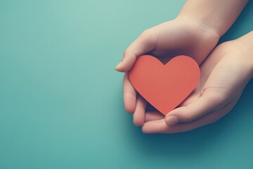 Fototapeta premium Hands gently holding a red heart shape against a soft turquoise background, symbolizing love