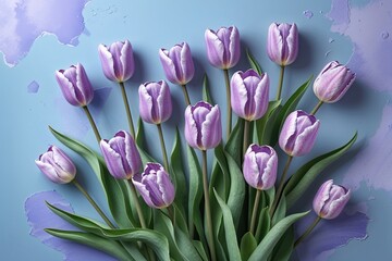 Obraz premium Lavender Tulip Flowers Against Soft Blue Pastel Background for Fresh Spring Floral Design