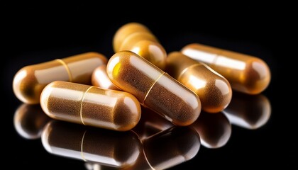 food supplement capsules on black background closeup