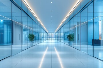 Modern office corridor with glass walls sleek design and natural light Interior architecture showcases contemporary corporate style