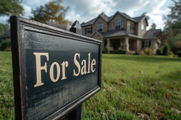 Fototapeta premium Home for Sale: Suburban house with a sign on the lawn for prospective buyers seeking a new property in a quiet residential neighborhood