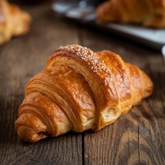 A croissant is being placed on a wooden table.