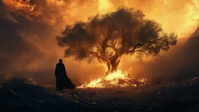 Silhouette of man facing burning bush in dramatic biblical scene. Moses encountering God on Mount Sinai. Religious symbolism and spiritual revelation concept.