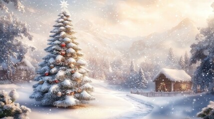 Naklejka premium charming snowy Christmas scene with a snow-dusted tree and holiday decorations