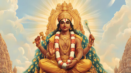 Sacred illustration of lord murugan seated with his peacock and vel, representing wisdom, valor, and devotion in hindu belief. Divine - Cathedral. Illustration