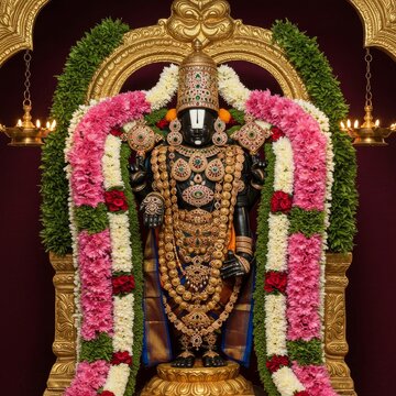 Divine Splendor: Lord Venkateswara Adorned in Sacred Jewelry and Floral Garlands at Tirumala Temple