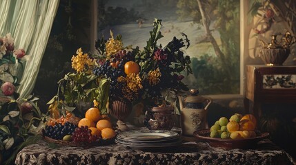 Classic still life with fruit and vintage decor