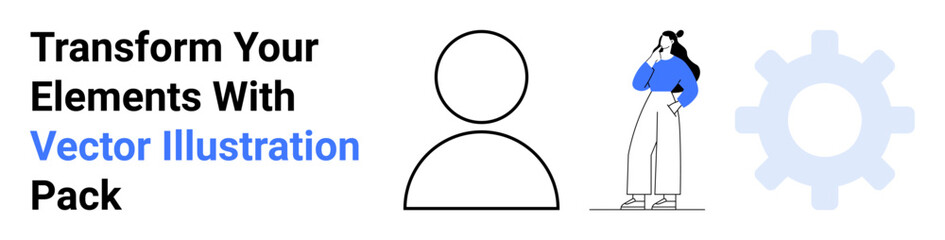 Minimalist person icon, thoughtful woman in casual attire, and gear symbol. Ideal for creativity, teamwork, problem-solving, collaboration, digital design, branding flat landing page banner