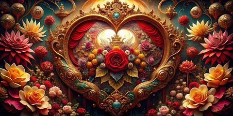 Baroque Valentine's Day Floral Pattern: Luxurious Red & Gold Texture Background