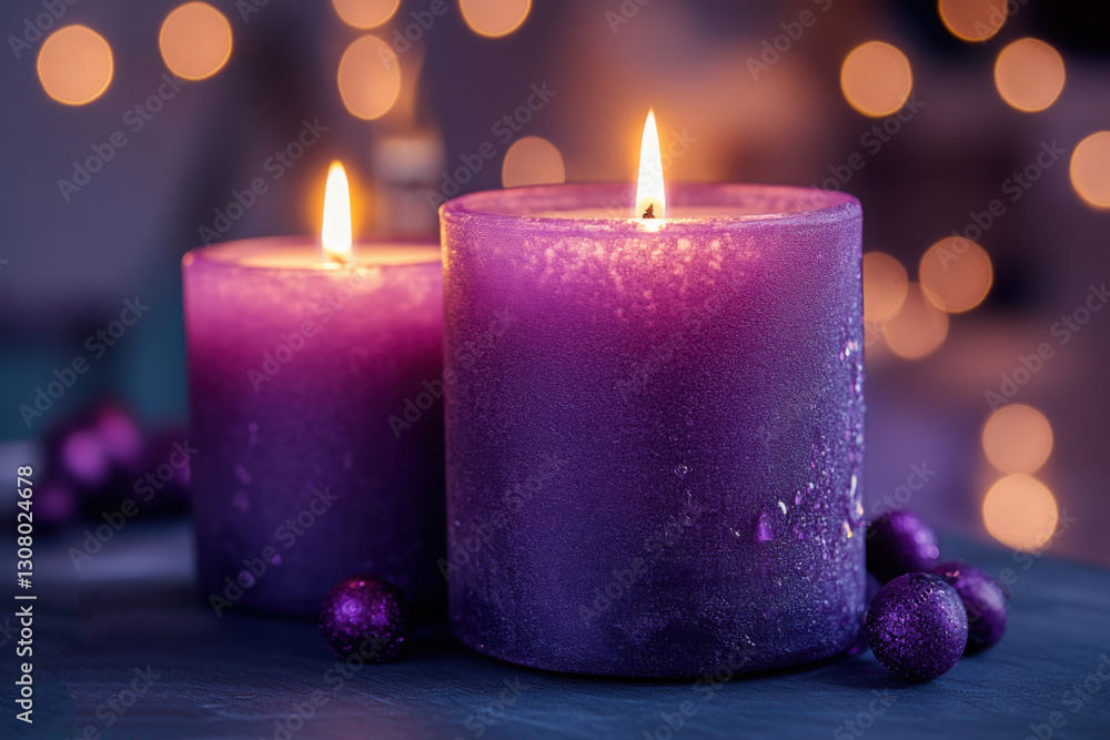 Poster purple candles glow softly creating a serene and warm atmosphere decorative spheres add a touch of e