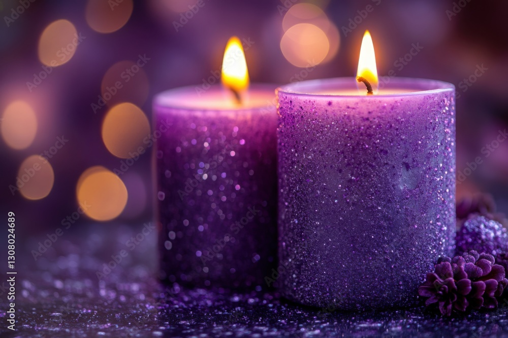 Poster glowing purple candles with sparkly texture and soft bokeh lights create a magical and calming ambia