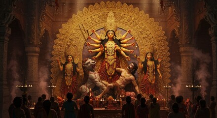 Grand Durga Puja Celebration in a Majestic Temple, Featuring a Magnificent Idol of Goddess Durga with Her Ten Arms, religious ceremony, navratri, indian culture, ten-armed goddess, powerful deity