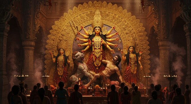 Grand Durga Puja Celebration in a Majestic Temple, Featuring a Magnificent Idol of Goddess Durga with Her Ten Arms, religious ceremony, navratri, indian culture, ten-armed goddess, powerful deity