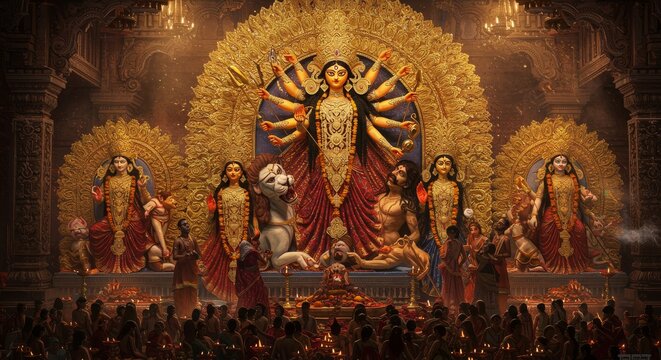 Grand Durga Puja Celebration in a Majestic Temple, Featuring a Magnificent Idol of Goddess Durga with Her Ten Arms, religious ceremony, navratri, indian culture, ten-armed goddess, powerful deity