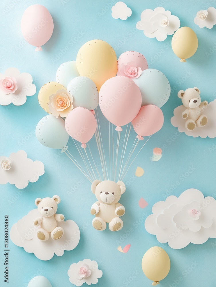 Poster whimsical pastel cutout scene featuring playful teddy bears with balloons and clouds in a cheerful c