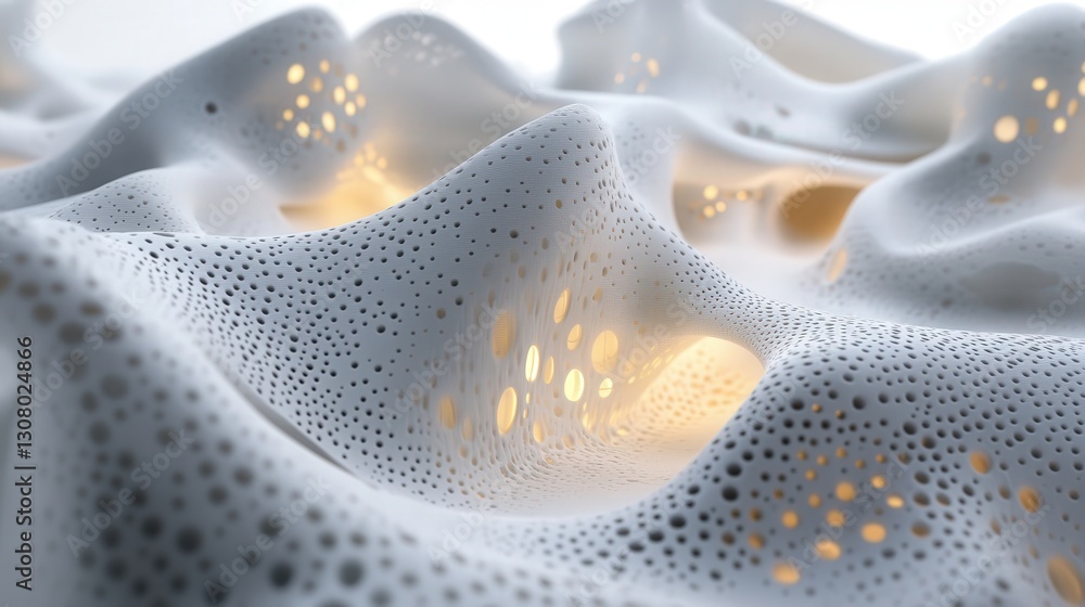 Poster white surface adorned with intricate abstract shapes and glowing light technology