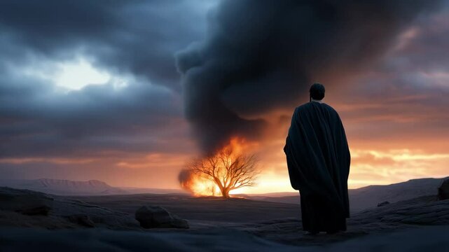 Silhouette of man facing burning bush in dramatic biblical scene. Moses encountering God on Mount Sinai. Religious symbolism and spiritual revelation concept.