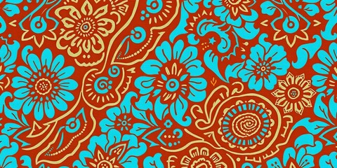 Fototapeta premium Intricate brown and blue batik pattern, seamless design, traditional Indonesian textile, floral, indonesia