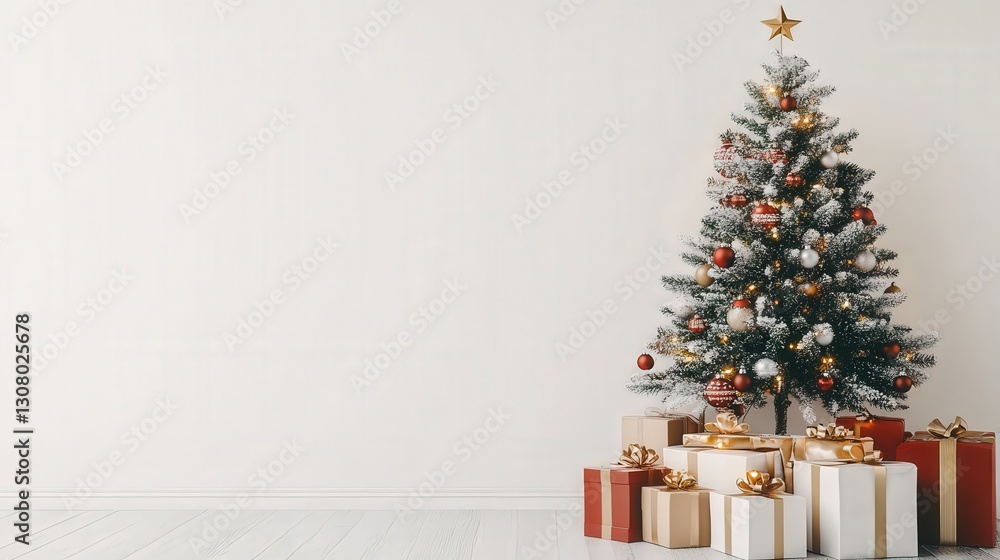 Poster festive christmas tree with an array of gifts placed beneath it