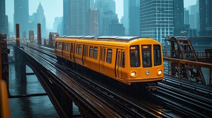 Obraz premium Rainy City Subway Train Crossing Bridge