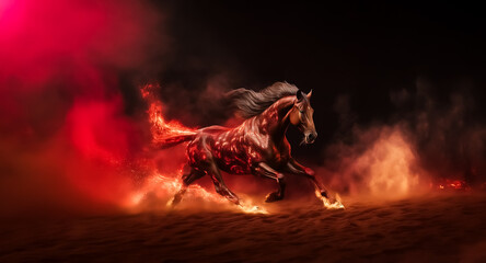 A brown horse runs powerfully surrounded by vibrant red and orange flames. The scene is dramatic, with fire engulfing the animal against a dark background.