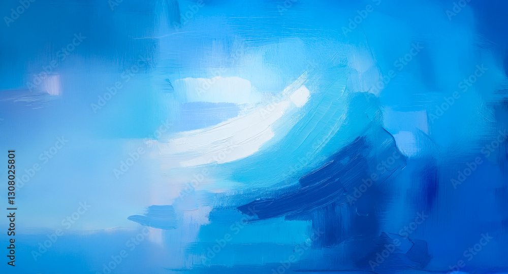 Poster abstract artwork featuring dynamic brushstrokes in various shades of blue, creating a sense of movem