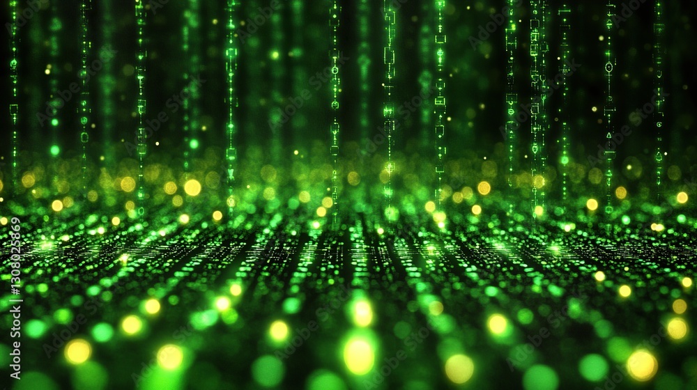Poster abstract digital data streams falling on a green particle floor